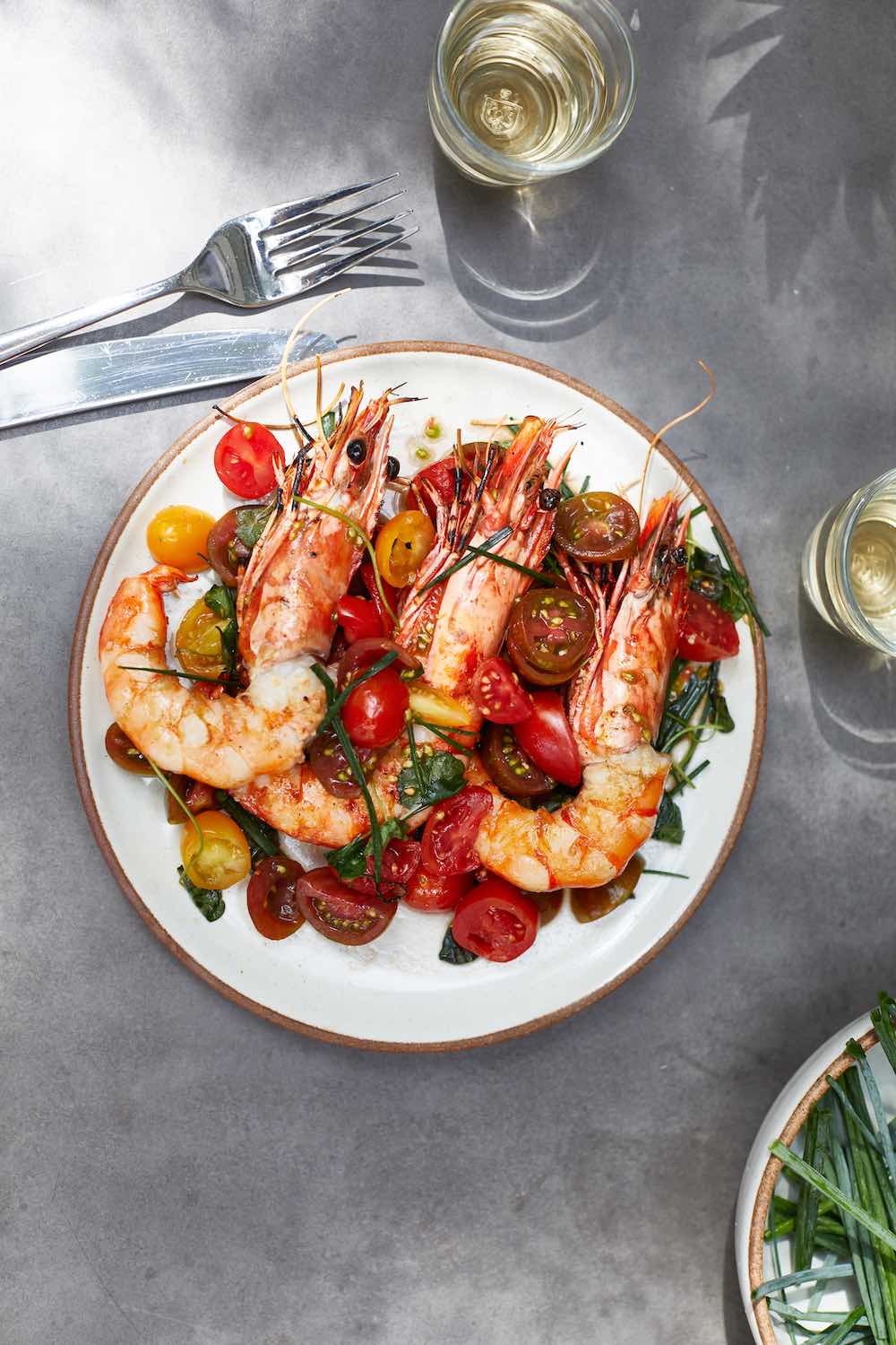 Grilled tiger prawns, heirloom cherry tomato, nasturtium & chives – The Sea, The Sea Online
